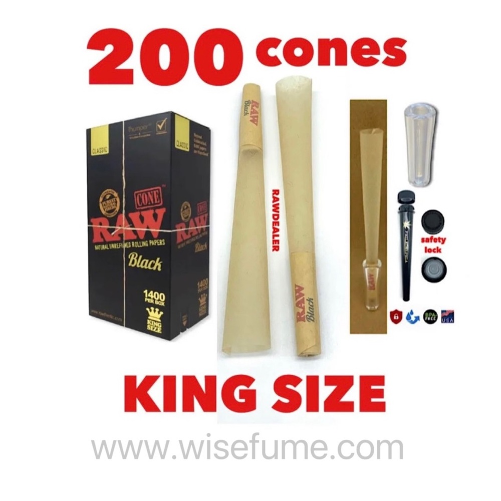 RAW BLACK king size pre rolled cone(200pk) + glass cone tip + tube